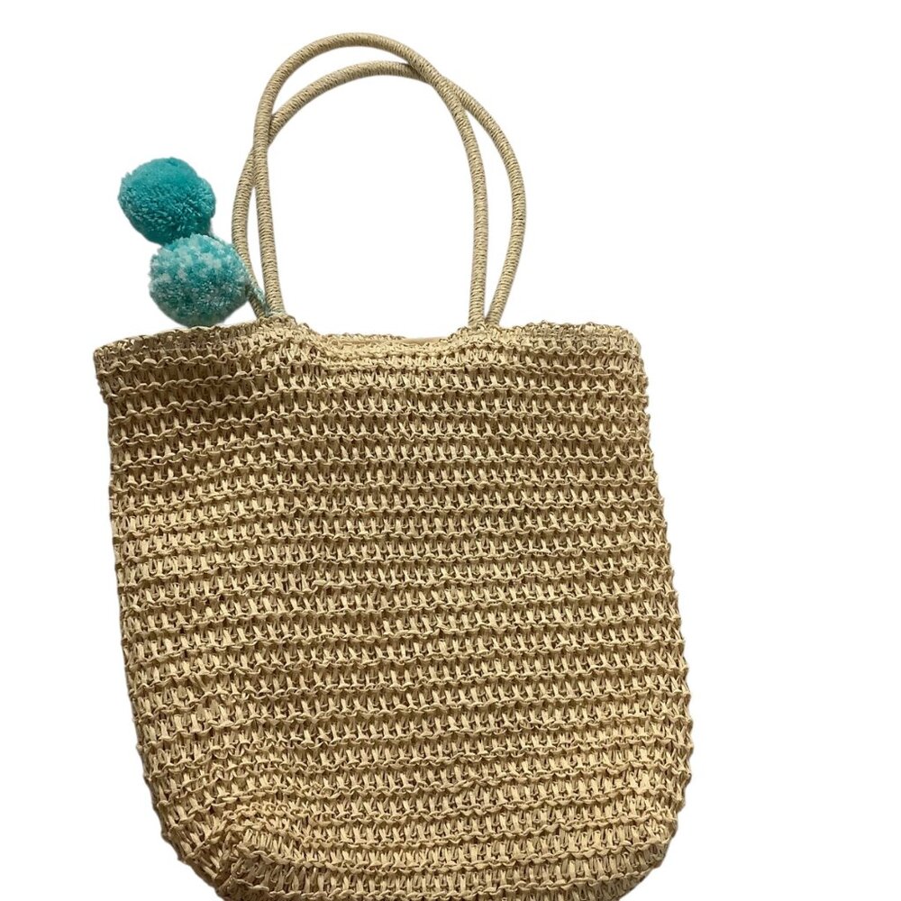 Double Nice Crochet Straw Tote Bag‎ Pom Pom Accents 15"x16" Beach Vacation